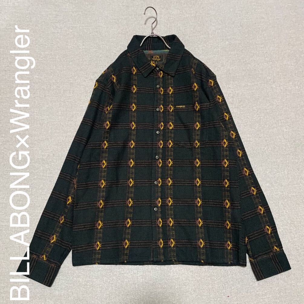 ビラボン ラングラー コラボ ネルシャツ メンズ Mサイズ 長袖 ブラウス BILLABONG Wrangler トップス グリーン 緑 ネイティブ柄拍卖