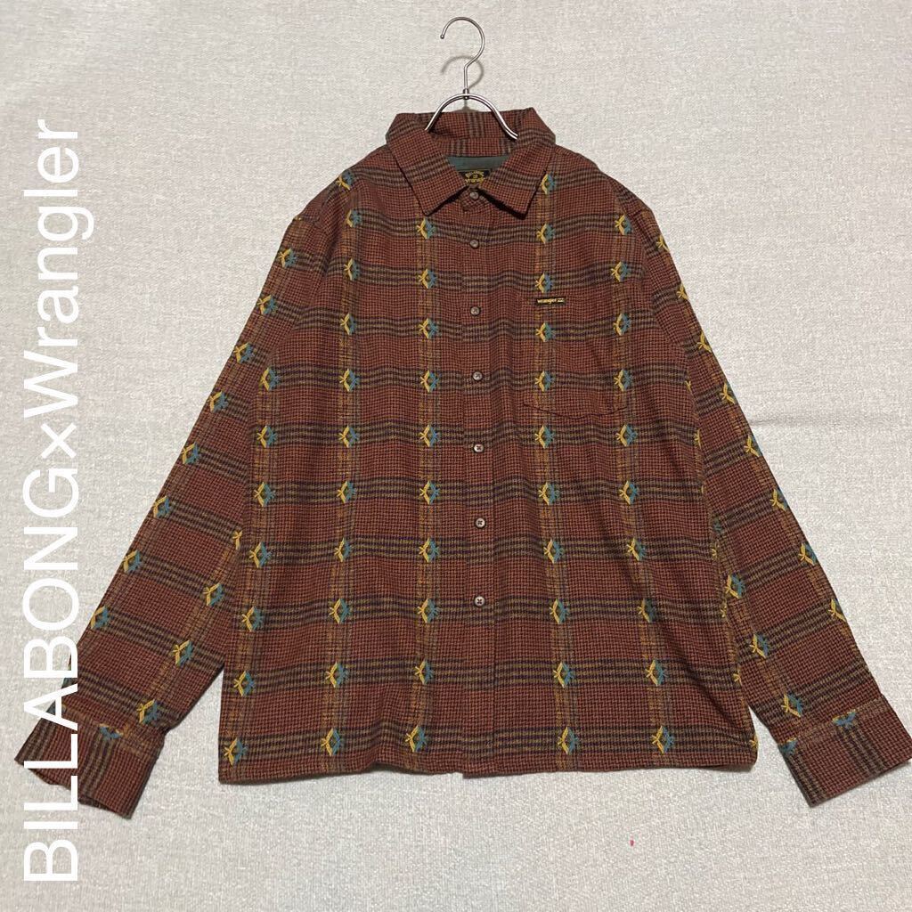 ビラボン ラングラー コラボ ネルシャツ メンズ Mサイズ 長袖ブラウス BILLABONG Wrangler トップス ネイティブ柄 ブラウン 茶拍卖
