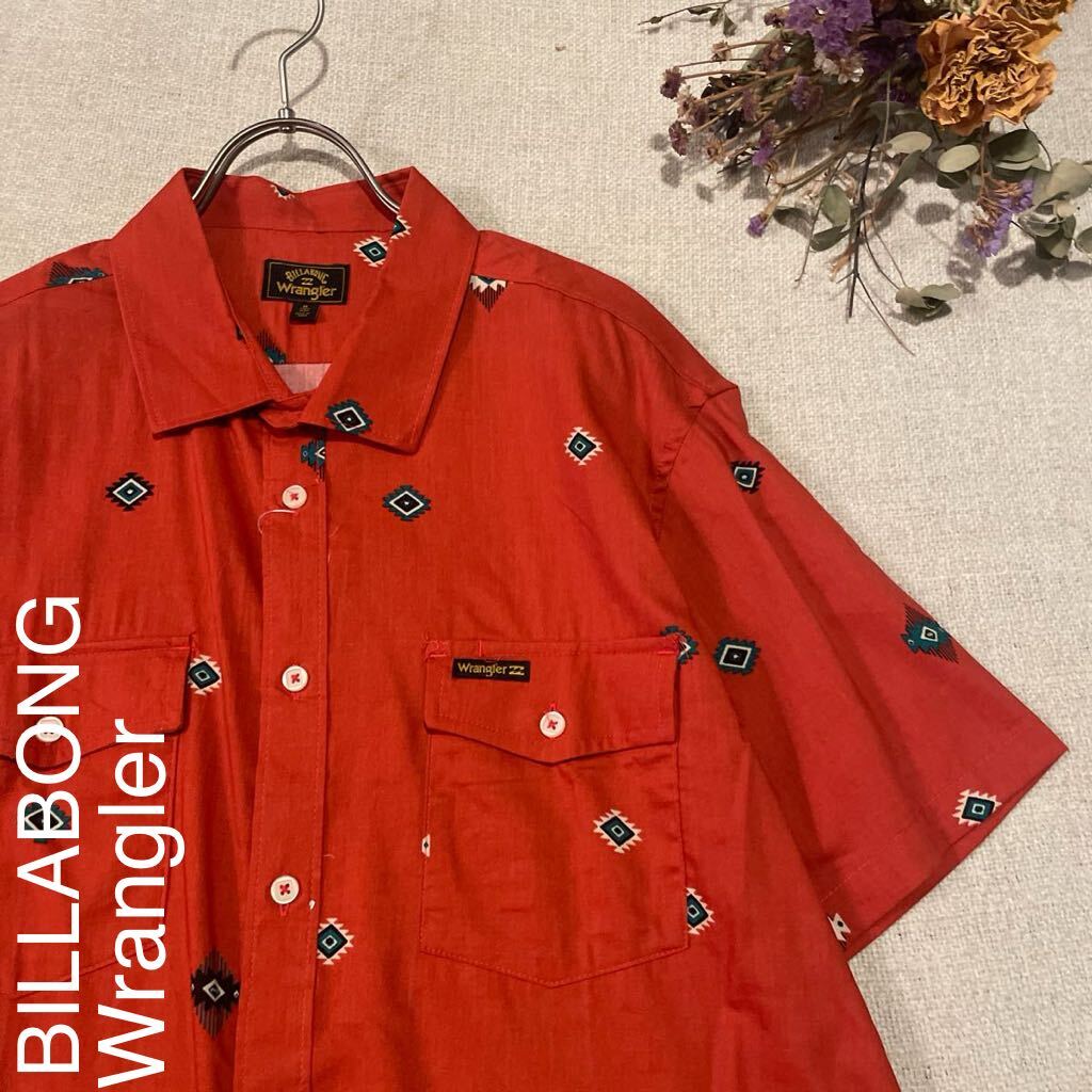 ビラボン シャツ ラングラー コラボ 未使用 美品 メンズMサイズ 半袖 エスニック 柄 アロハシャツ トップス サーフ BILLABONG拍卖
