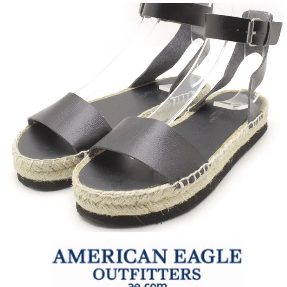 アメリカンイーグル サンダル ストラップ 厚底サンダル レザーストラップ ブラック レディース24cm 美品 AEO シューズ 黒 ビーチ拍卖