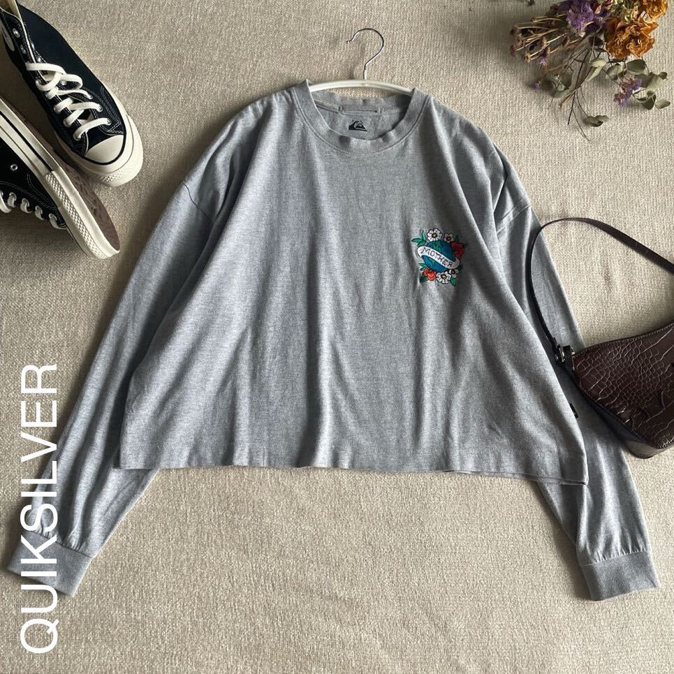 クイックシルバー Tシャツ 長袖 グレー レディースSサイズ 美品 カットソー 刺繍 ロゴ ロンT QUIKSILVER コットン 綿拍卖