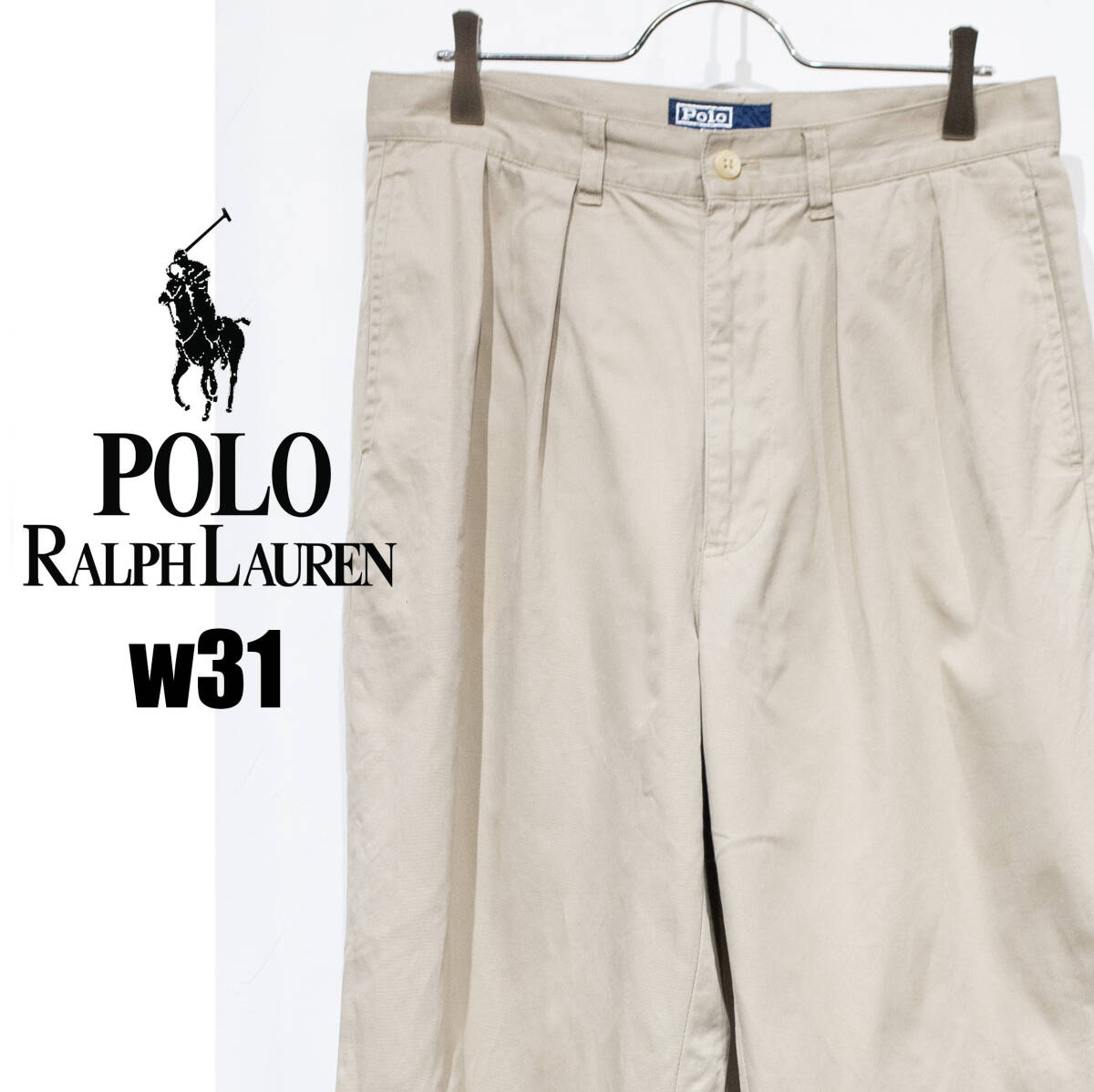 W31(L33位) / 90S POLO RALPH LAUREN ポロ ラルフローレン ツータック ポロチノ チノパン コットンパンツ 薄手 ベージュ ハイウエスト拍卖