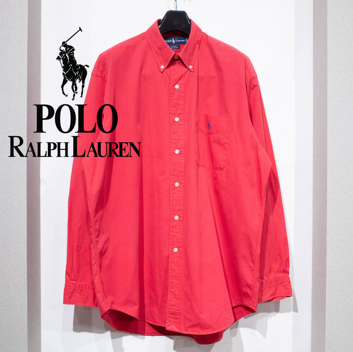 L / 90s POLO RALPH LAUREN ポロ ラルフローレン BLAKE ブレーク 長袖 B.D コットン シャツ 赤 レッド 胸ポケット フレンチ アイビー拍卖