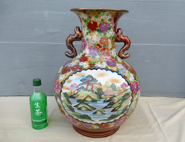 即決■薩摩焼 大花瓶 花詰 窓絵 耳付き 高さ48cm■よ-52拍卖