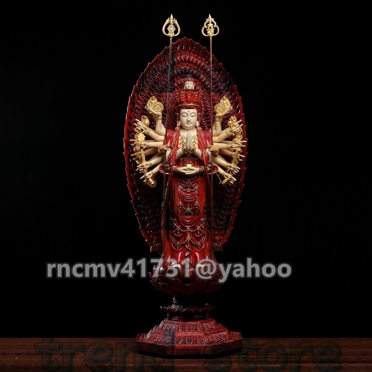 仏像 木彫り 千手観音菩薩 (子年生まれ) 大型 高級天然木彫り (高さ80cm×巾30cm) 高級置物◆厄除け十二支守り本尊・守護仏拍卖