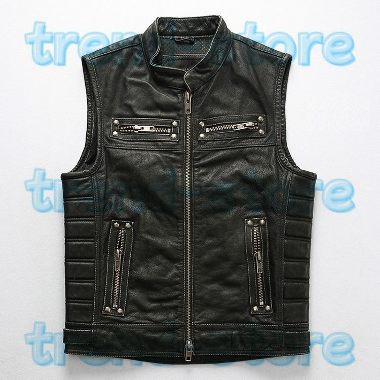 メンズレザー ユーズド加工 ハレージャーキン ベスト 本革 牛革 バイクジャケット ライダース拍卖