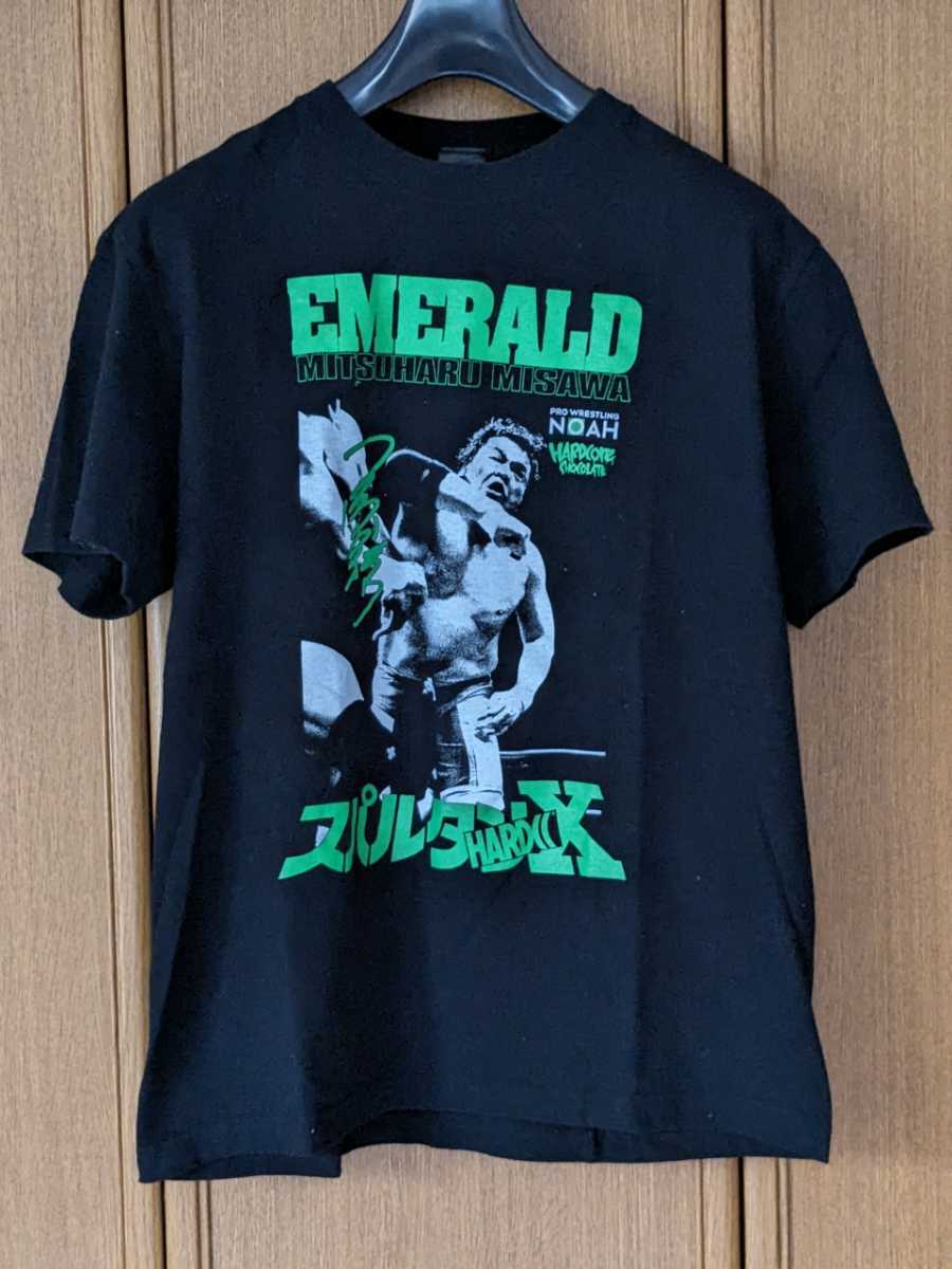 ハードコアチョコレート プロレスリングノア サイン入り 三沢光晴 プリント 半袖Tシャツ Lサイズ 黒色 ブラック 緑色 グリーン拍卖