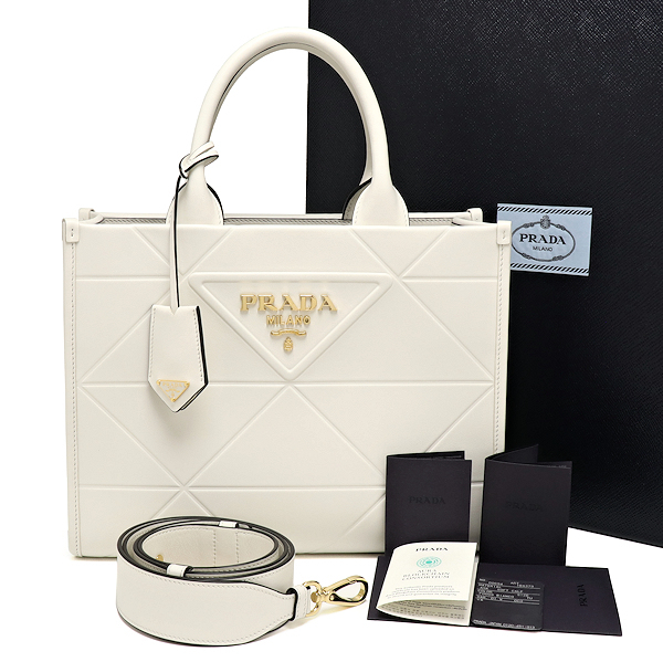 プラダ シンボル トップステッチ レザースモールバッグ 直営店購入品 1BA379 ホワイト ショルダー付 PRADA拍卖