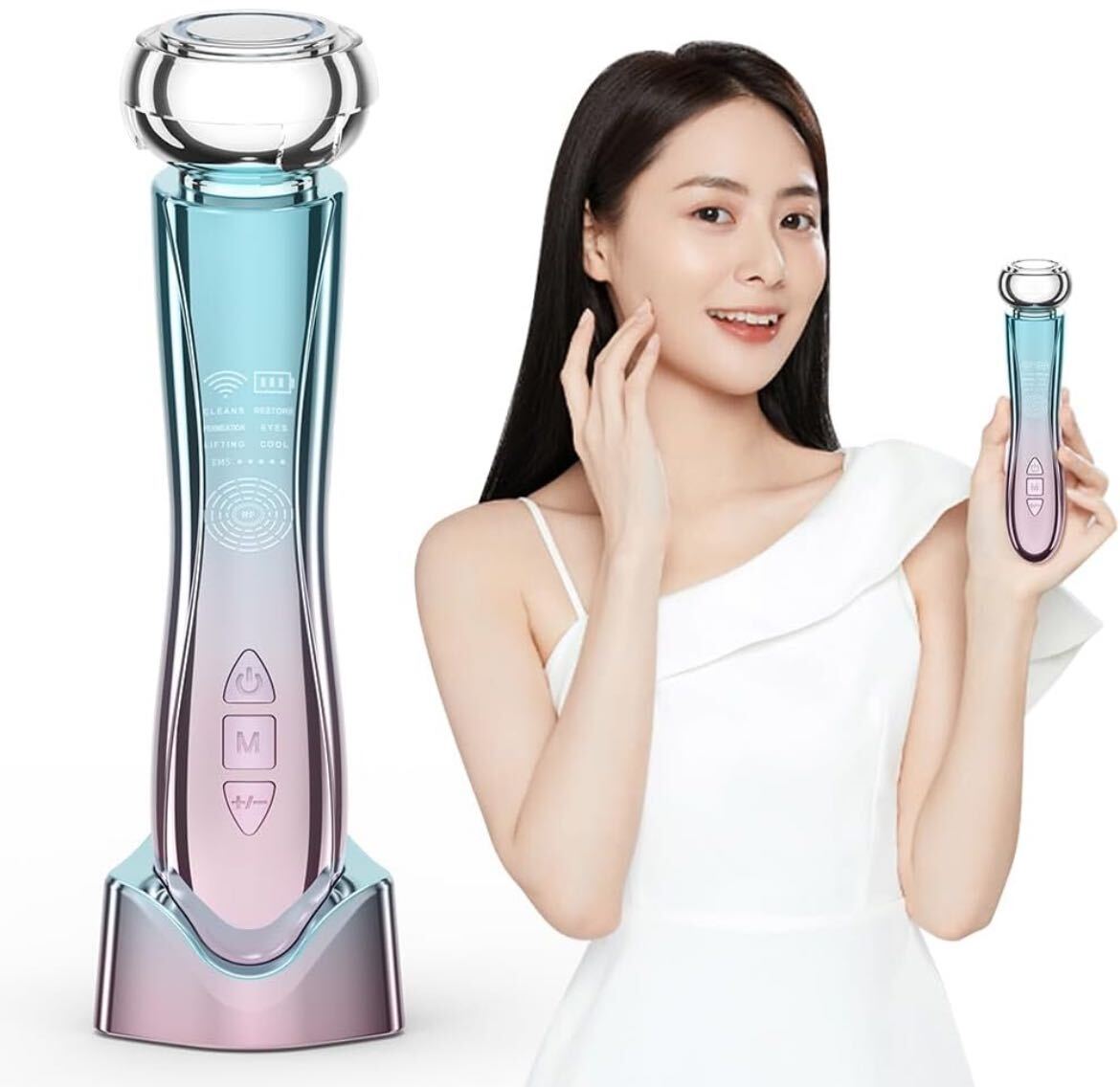 美顔器 EMS リフトアップ RF温冷美顔器 イオン導出 イオン導入 多機能美容器 1台10役【EMS微電流 RF温冷 6種類モード 5段階レベル 3色LED拍卖