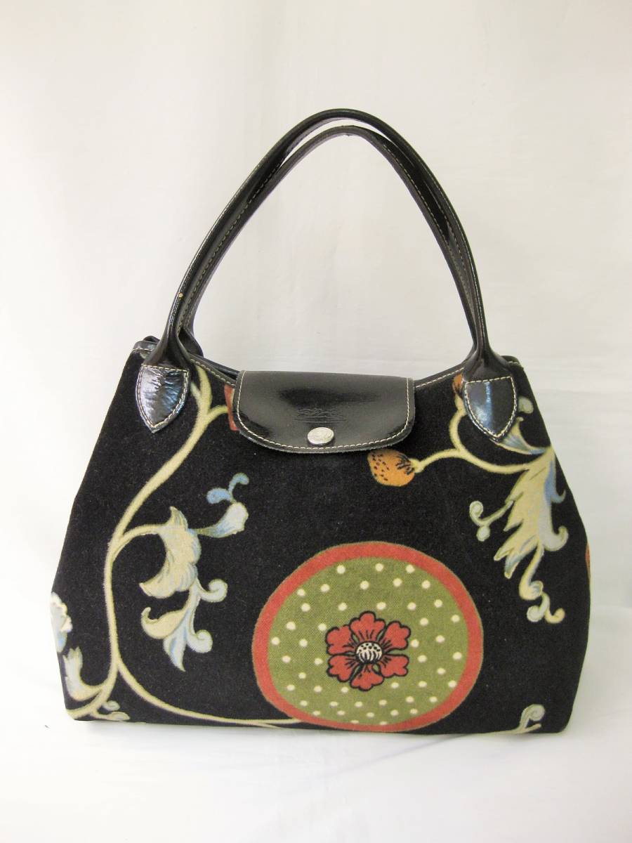@IK LONGCHAMP PARIS フランス製 ロンシャン ハンドバッグ 秋冬 黒 花柄拍卖