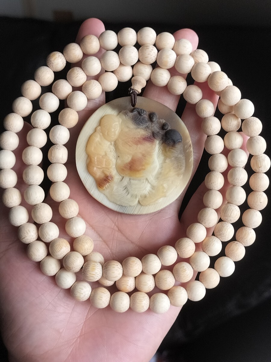角彫刻 水牛の角 鍾馗 +財運が高まる魚子紋金糸竹数珠 念珠108粒 ネックレス拍卖