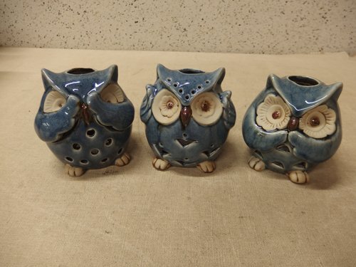 0640511w【陶器製 フクロウ 香炉 3点組】キャンドルホルダー 見ざる言わざる聞かざる 藍色 インテリア小物 中古品/12×11.5×H12cm前後拍卖