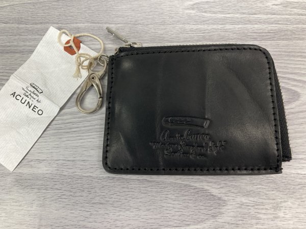 送料無料!コインケース カードケース キーケース 財布 L字ジップ タンニン鞣しレザー 牛革 シワ加工 黒 ACUNEO★未使用格安!拍卖