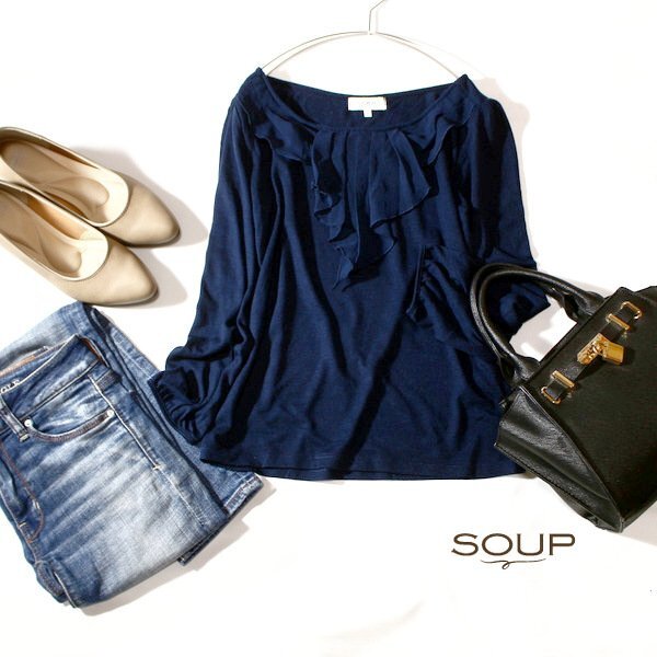 美品 (株)ワールド SOUP スープ 綺麗め シフォンフリル ストレッチ カットソー 9号 M 春 秋 合服 24E02拍卖