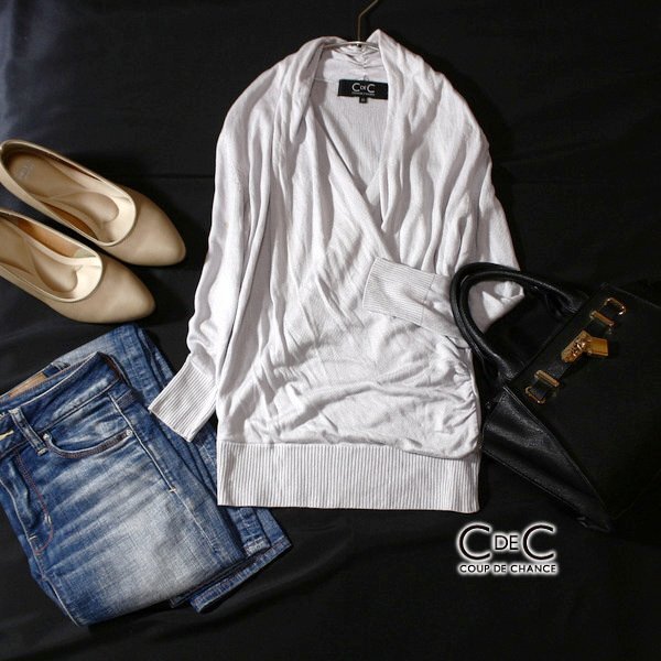 美品 COUP DE CHANCE クードシャンス 上品綺麗め レーヨンストレッチ カシュクールニット カットソー 38号 M 春 夏 24D02拍卖