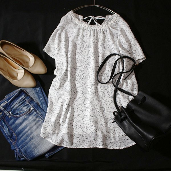 美品 Rope Picnic ロペピクニック ゆったり可愛い バックネックリボン ジョーゼット生地 カットソー 40号 L 春 夏 24B06拍卖