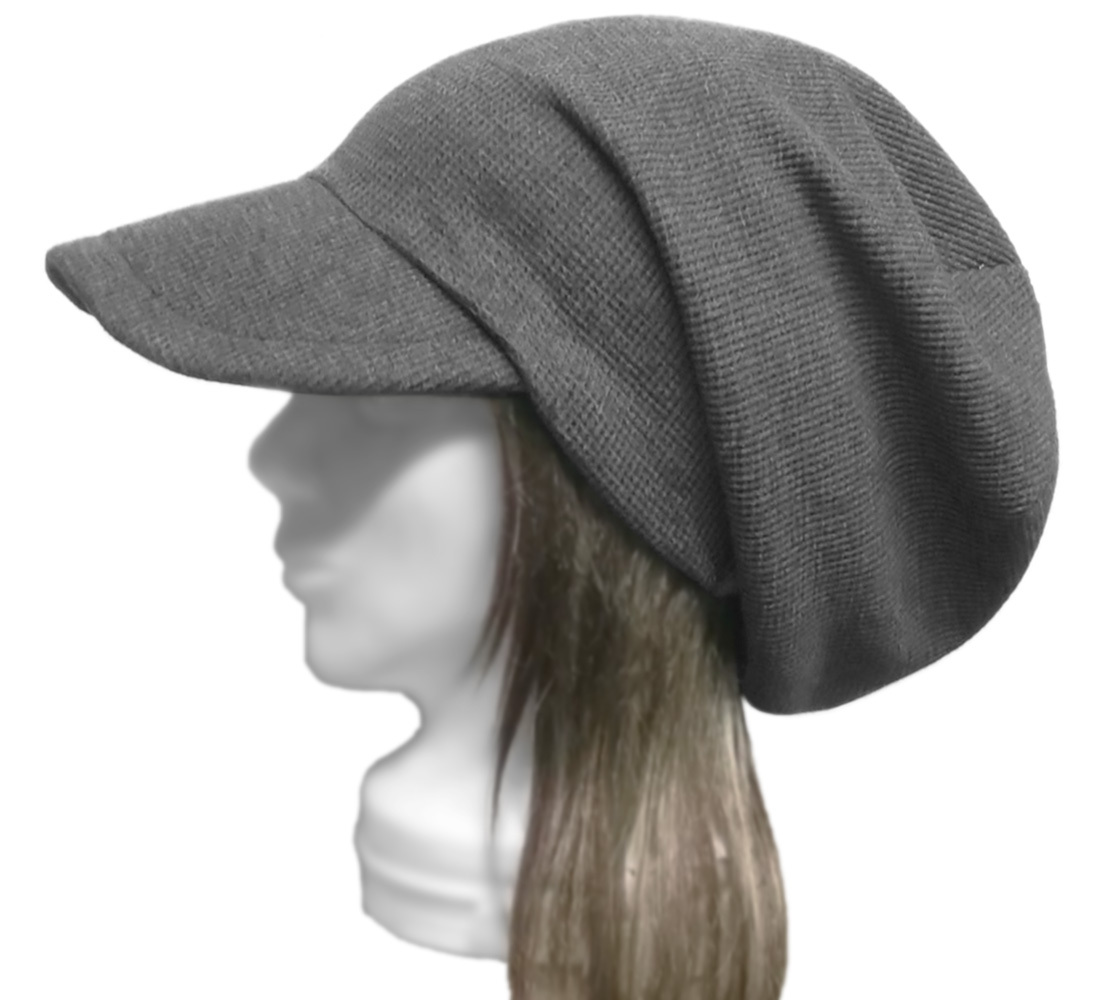 ハンドメイド◆つば広ルーズキャスケット◆ワッフル織コットンニット/杢ダークグレー ◇紫外線対策・ゆったり・小顔効果・オールシーズン拍卖