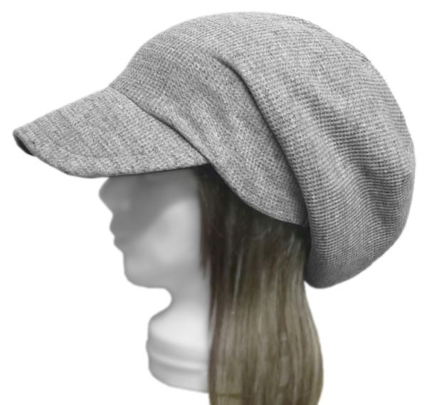 ハンドメイド◆つば広ルーズキャスケット◆ワッフル織コットンニット/杢グレー ◇紫外線対策・ゆったりサイズ・小顔効果・オールシーズン拍卖