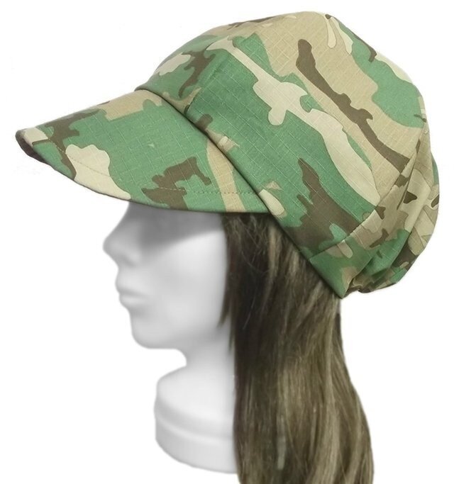 ハンドメイド◆つば広キャスケット◆迷彩柄コットンリップストップ/カーキ系 ◇紫外線対策・ゆったりサイズ・小顔効果・長いシーズン着用拍卖