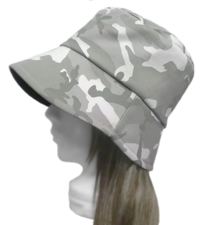 【ラスト1点】ハンドメイド◆つば長・ゆったりバケットハット◆迷彩柄コットンストレッチツイル/グレー系 ◇紫外線対策・小顔効果◇拍卖