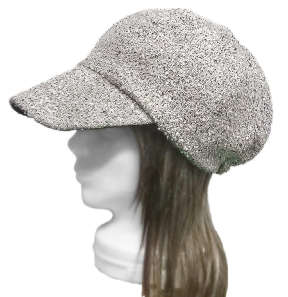 ハンドメイド◆つば広キャスケット◆スラブネップツイードニット/ホワイトマーブル ◇紫外線対策・ゆったり・小顔効果・長いシーズン着用拍卖