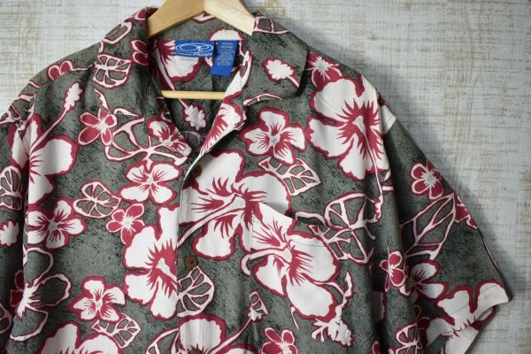 ☆US古着 Op オーシャンパシフィック アロハシャツ ボタニカル柄 総柄 グレー レッド赤系【M】レーヨン ◆9279◆拍卖