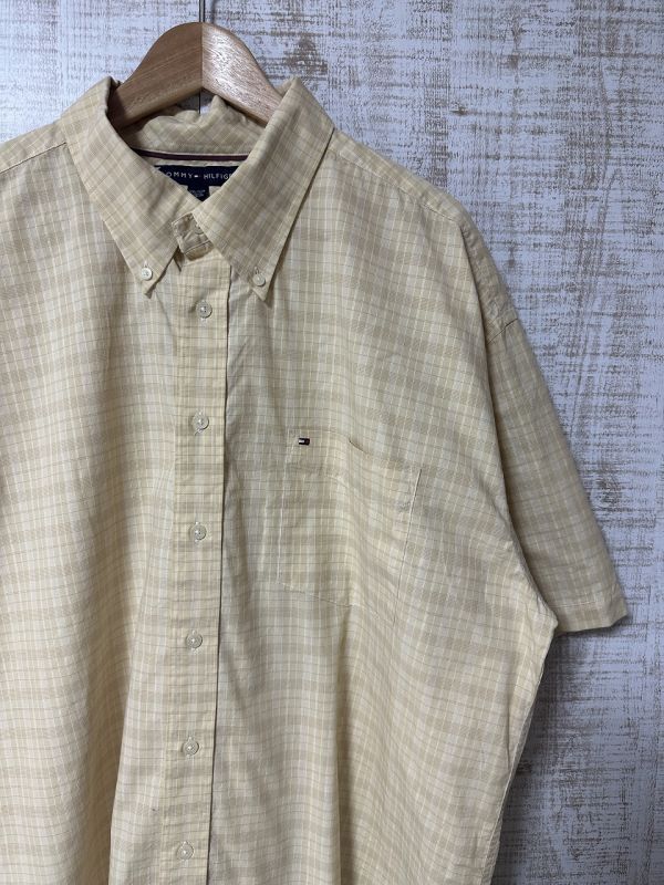 ☆超ビッグサイズ US古着 TOMMY HILFIGER トミーヒルフィガー 綿 半袖シャツ チェック柄 ロゴ刺繍 イエロー黄【2XL/XXL】 ◆4547◆拍卖
