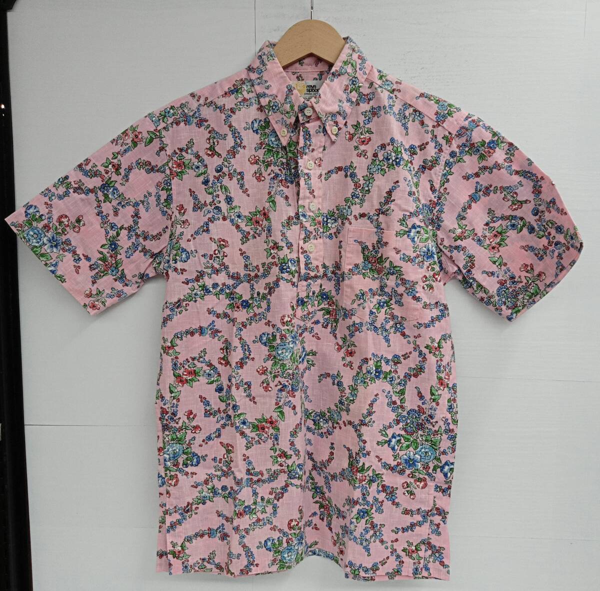 reyn spooner レインスプーナー 半袖プルオーバーシャツ ハーフボタン Sサイズ ボタニカル柄 ビンク 金タグ 古着 ヴィンテージ ハワイ製拍卖