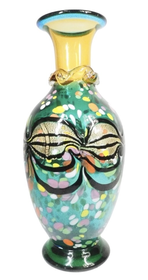 多彩な配色が美しいガラス製花瓶!海外ビンテージ ガラス工芸 アートガラス ガラス製花瓶 フラワーベース 1980年代 SMG606拍卖