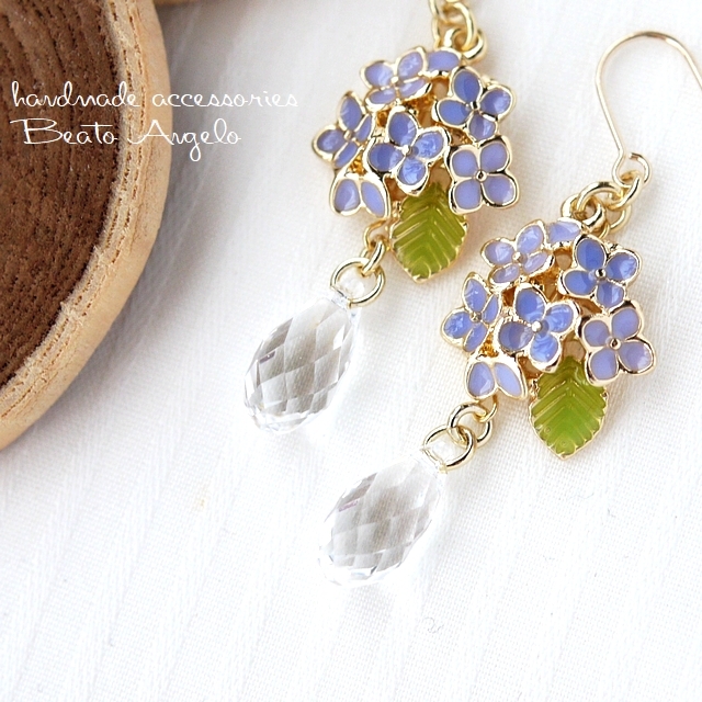 ◇◆+angelo+紫陽花とスワロフスキー ドロップのピアス(p-003)パープル G フラワーチャーム 6010 雨 アジサイ拍卖