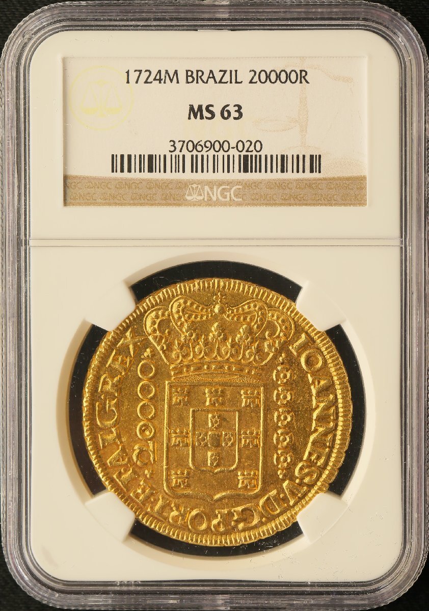 アンティークコイン ブラジル 1724M 20,000レイス金貨 NGC MS63(3706900-020)拍卖