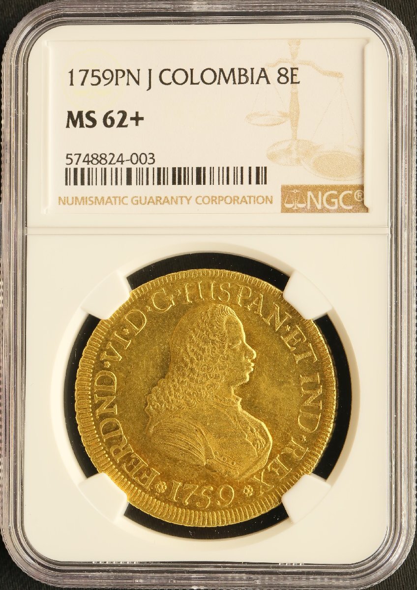 アンティークコイン コロンビア 1759 PN J フェルナンド6世 ポパヤン 8エスクード金貨 NGC MS62+(5748824-003)拍卖