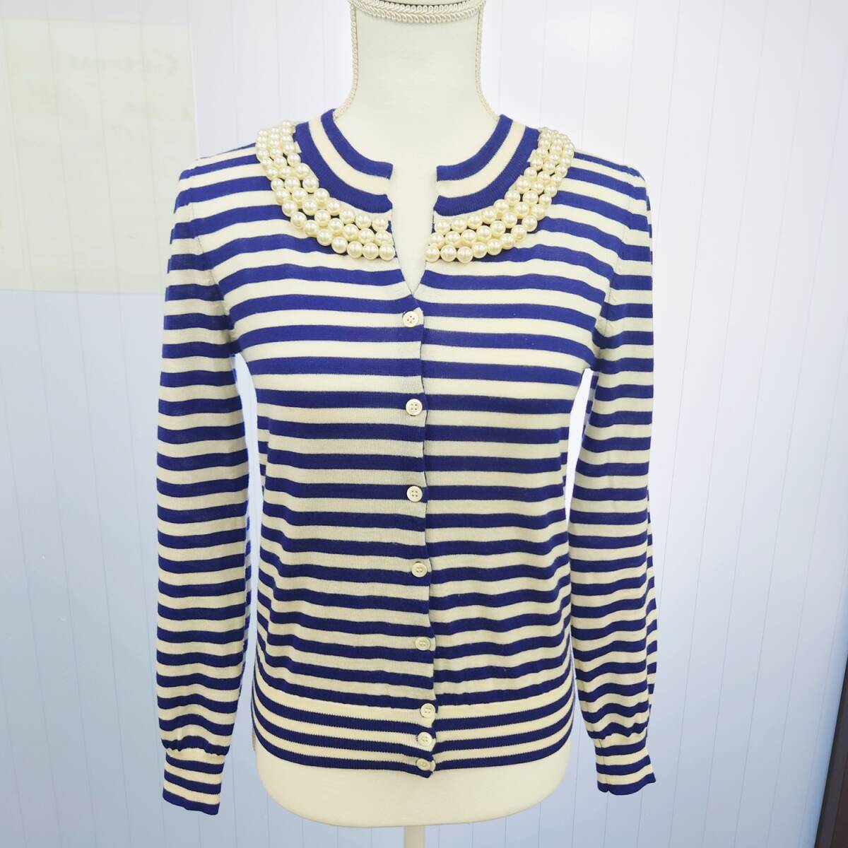 MOSCHINO CHEAP & CHIC◆長袖カーディガン I42 Lサイズ ボーダー柄 パール モスキーノ チープ アンド シック 春 秋 冬拍卖