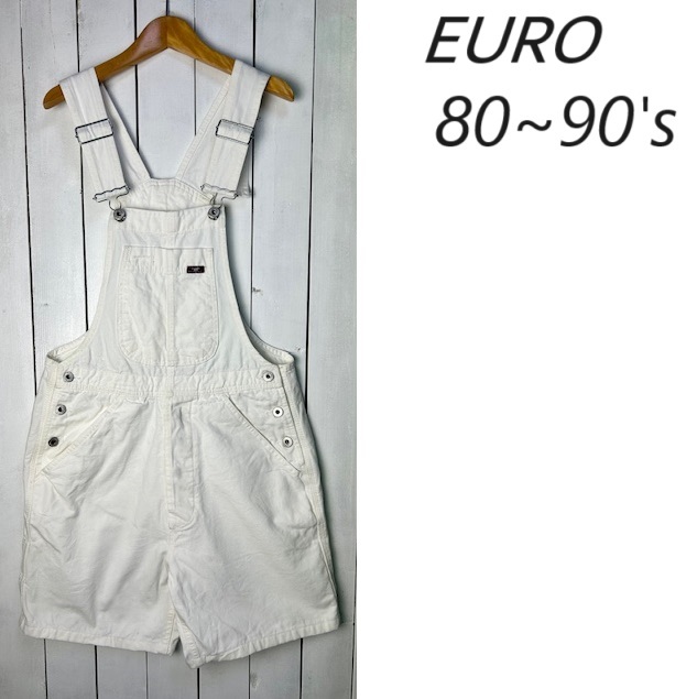 ユーロ古着 80s~90s 白ダック生地 ショート丈 ハーフオーバーオール S~M オールド ヴィンテージ ヨーロッパ サロペット キャンバス ●83拍卖