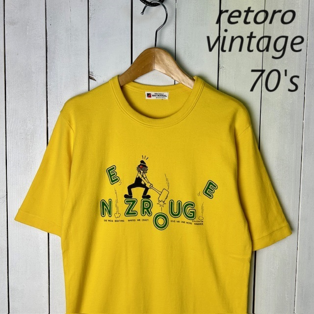 JTP●78 昭和レトロ古着 美品 70s 染み込みプリントTシャツ 黄色 L S程度 オールド ヴィンテージ 綿 日本製 シングルステッチ拍卖