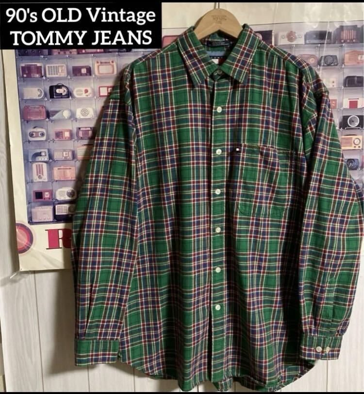 90sオールドフラッグタグOLD TOMMY JEANSチェック柄長袖ネルシャツ/トミージーンズ/ヒルフィガー90年代ヴィンテージ拍卖