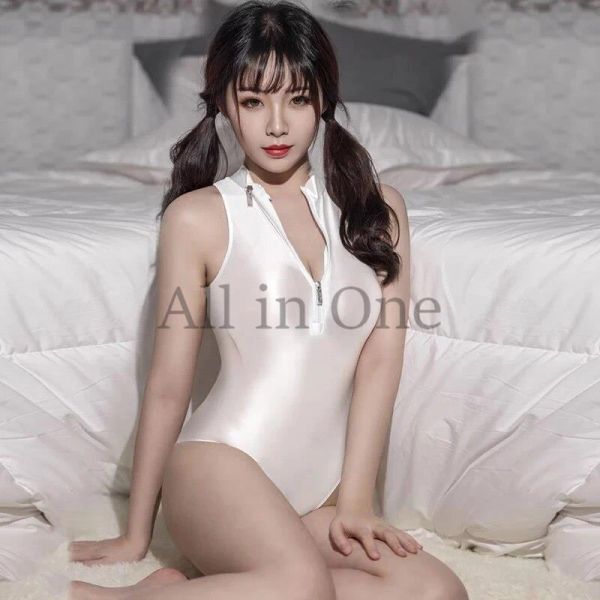 116-51-18 胸元ジッパー 光沢 艶々 スクール水着 フルバック【ホワイト,Fサイズ】セクシー 水着 ビキニ 仮装 レースクイーン コスプレ .1拍卖