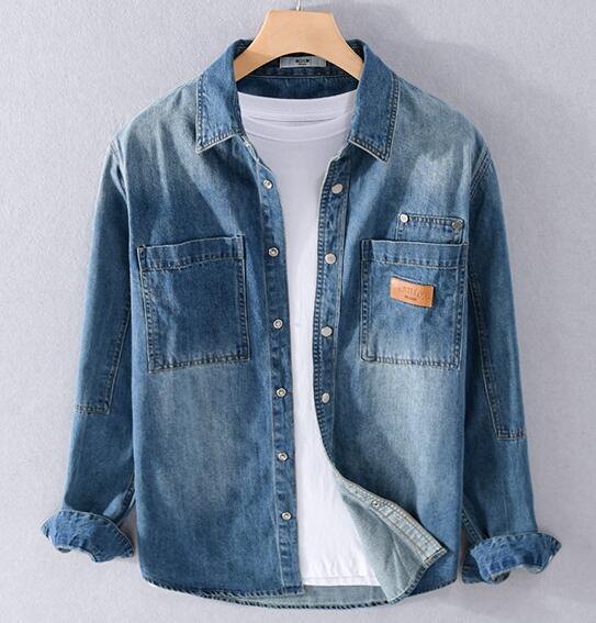 秋新品 デニムシャツ メンズ 長袖シャツ ヴィンテージ デニムジャケット 超希少 カッコイイ ワッペン カジュアル心地良し ダークブルー拍卖