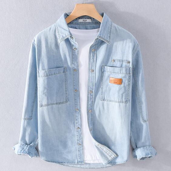 秋新品 デニムシャツ メンズ 長袖シャツ ヴィンテージ デニムジャケット 超希少 カッコイイ ワッペン カジュアル心地良し ライトブルー拍卖
