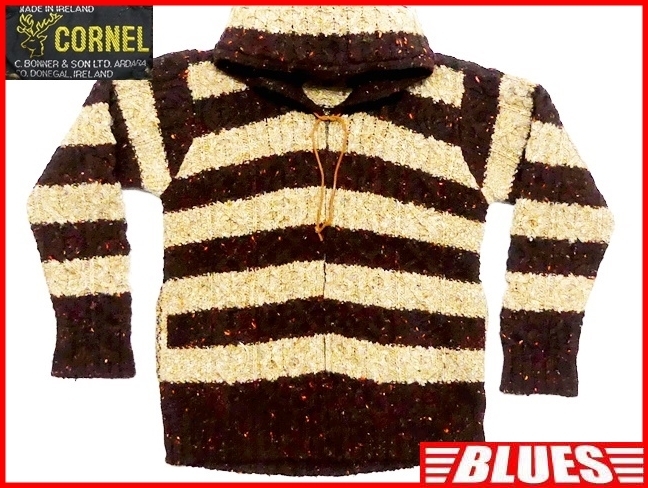 即決★アイルランド製 CORNEL★メンズM フード付きセーター コーネル 2 茶 ボーダー柄 ケーブル編み ウールジャケット カーディガン ジップ拍卖