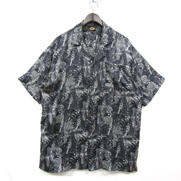 サイズ M HARLEY DAVIDSON 開襟 半袖 シルク シャツ 総柄 ブラック ハーレーダビットソン 古着 ビンテージ 4J0403拍卖
