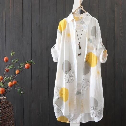 B0473☆新品カジュアル ブラウス トップス 長袖 チュニック プリント柄 大人 ロング シャツ 前ボタン カーディガン 黄Mサイズ選択可拍卖