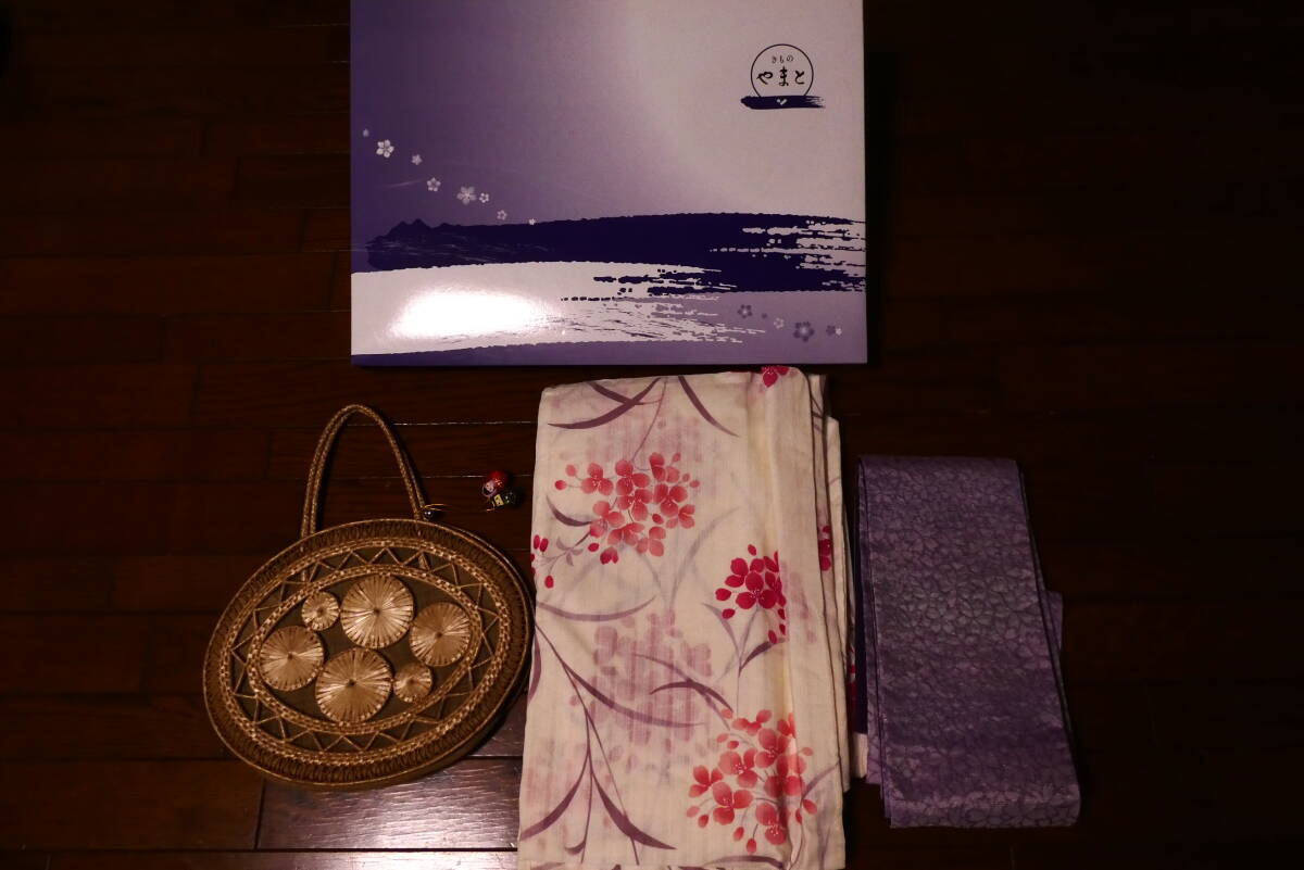 きものやまと 浴衣 帯 バッグ 3点セット 白地×花柄ピンク 1回使用 クリーニング済み拍卖