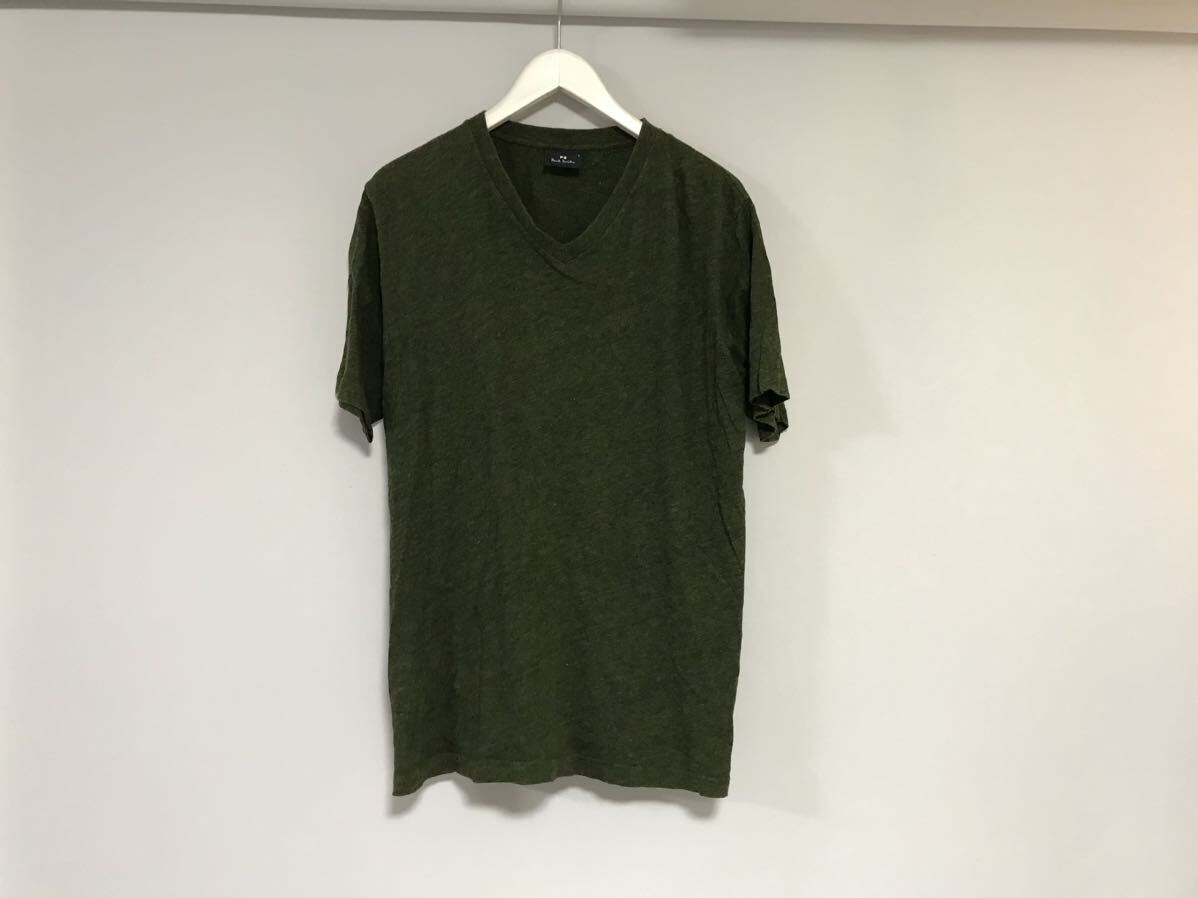 本物ポールスミスPS PAULSMITHコットンVネック半袖Tシャツメンズサーフアメカジワークミリタリーゴルフビジネススーツグリーン緑L拍卖