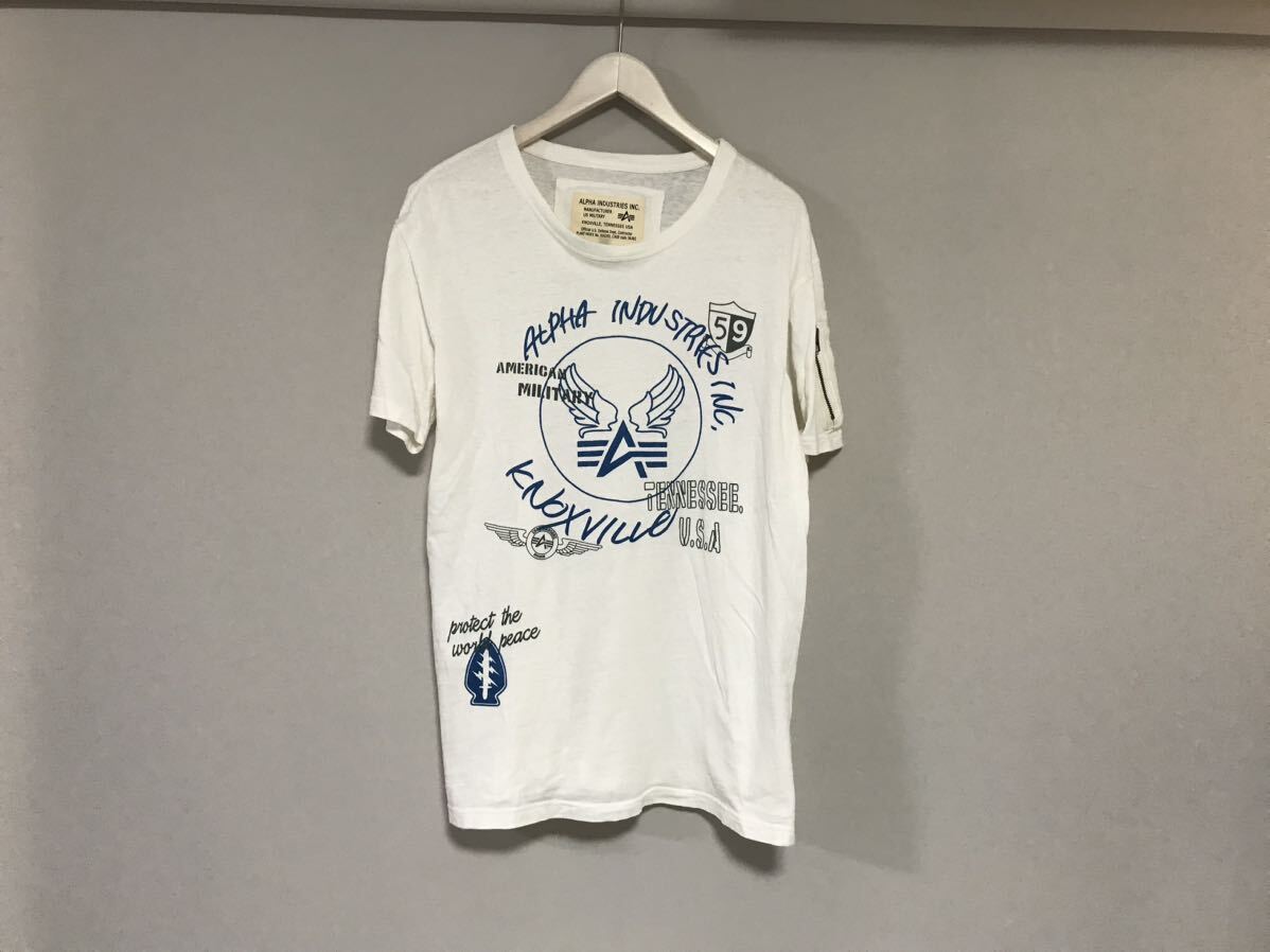 本物アルファALPHAINDUSTRIESコットンロゴプリント半袖Tシャツメンズサーフアメカジミリタリーワーク白ホワイトL拍卖
