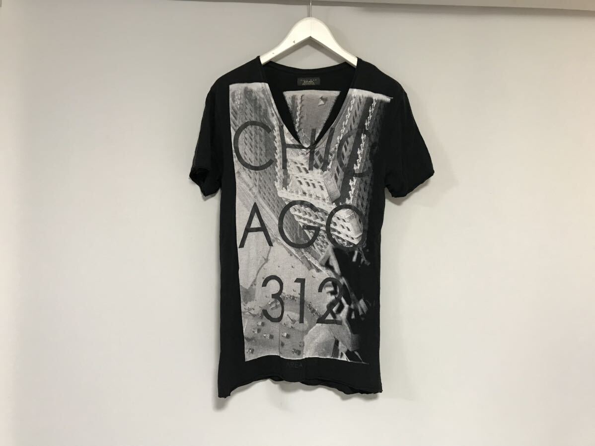 本物ザラマンZARAMANコットンレーヨンフォトプリントVネック半袖Tシャツメンズサーフビジネススーツモード黒ブラックMポルトガル製拍卖