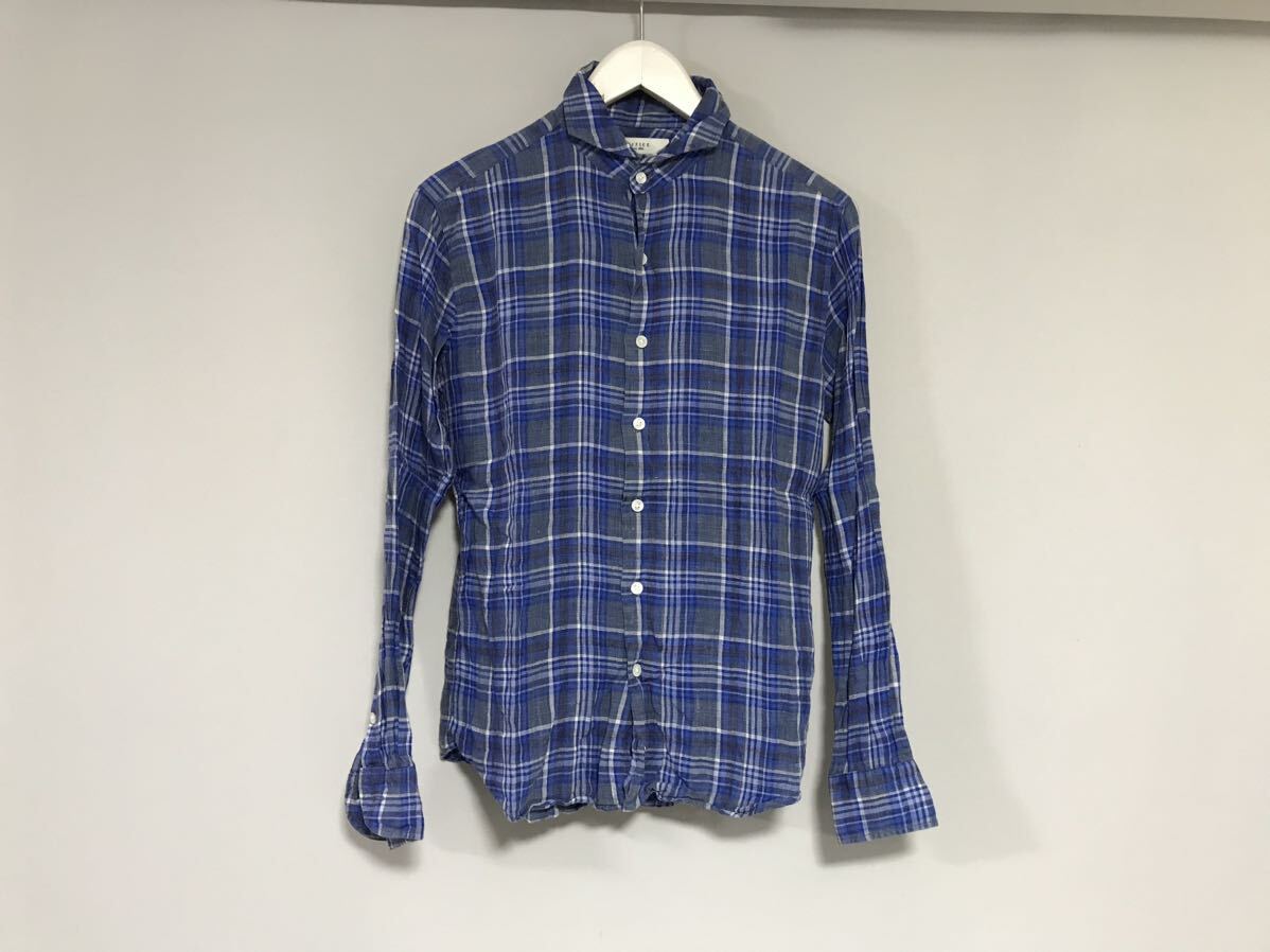 本物エディフィスEDIFICEリネン麻チェック柄長袖シャツジャケットメンズサーフアメカジミリタリーワークビジネススーツ青ブルーS拍卖