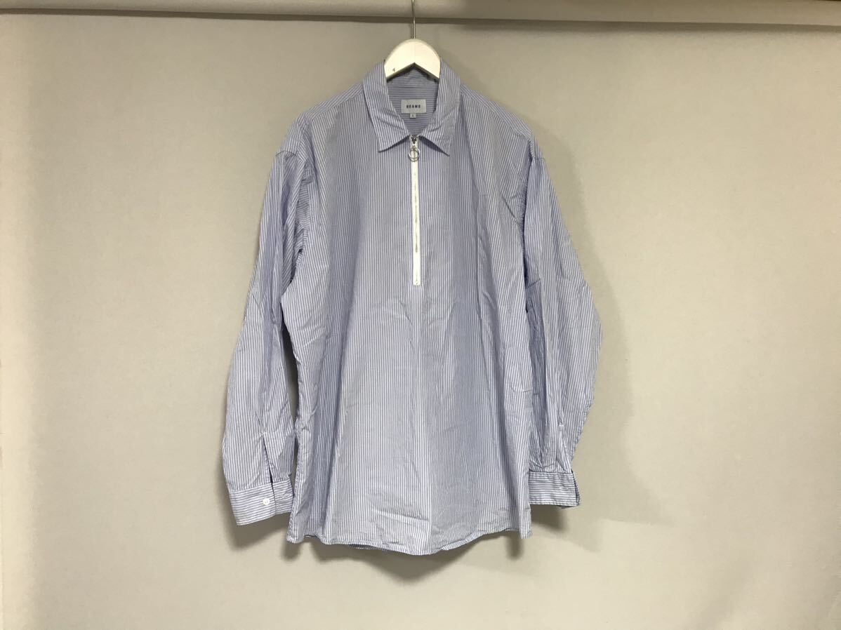 本物ビームスBEAMSコットンストライプ柄リングハーフジップ長袖シャツメンズサーフアメカジミリタリーワークビジネススーツ青白ブルーL拍卖