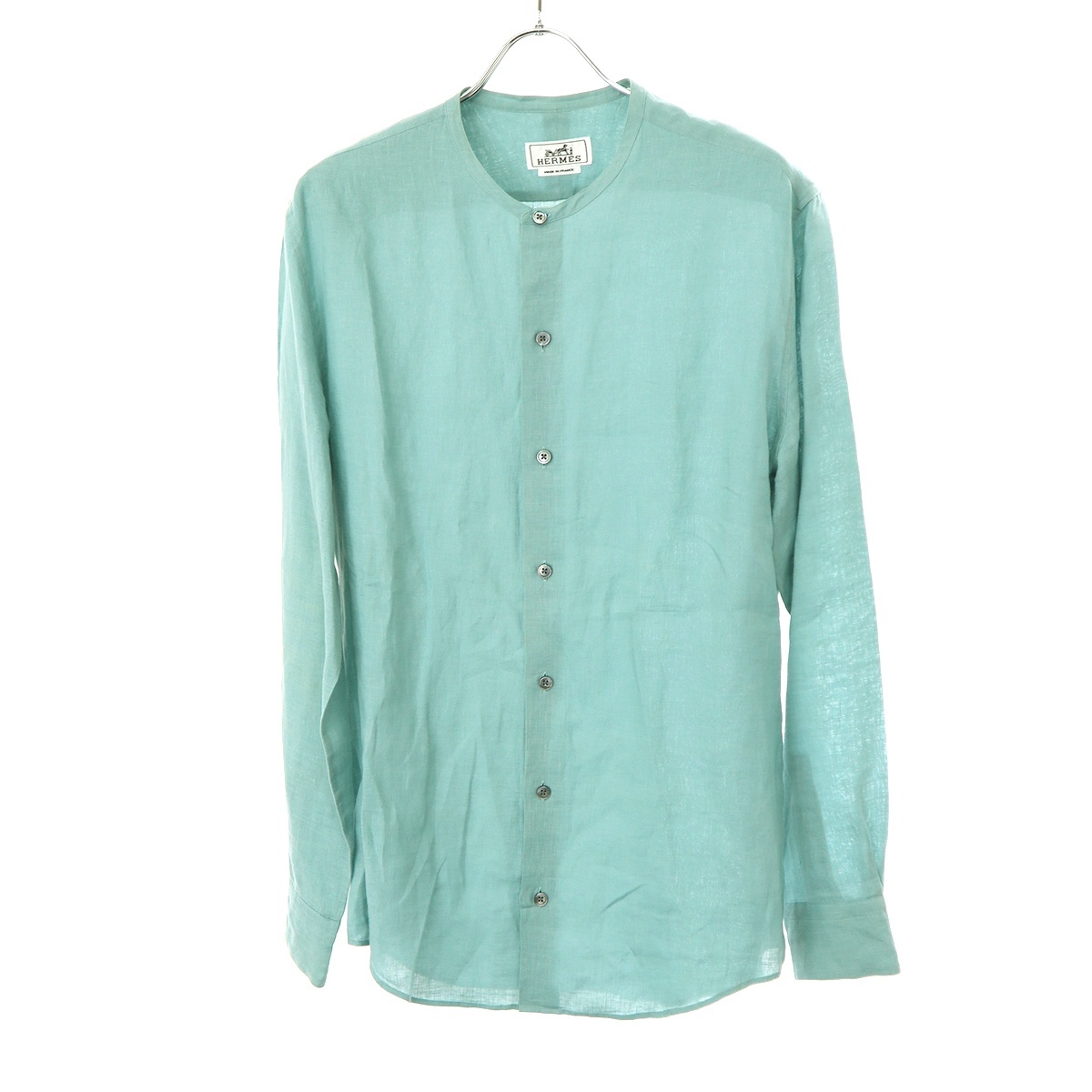 HERMES エルメス 22SS リネンバンドカラーシャツ ターコイズブルー 38 ITH9FRV40W3G拍卖