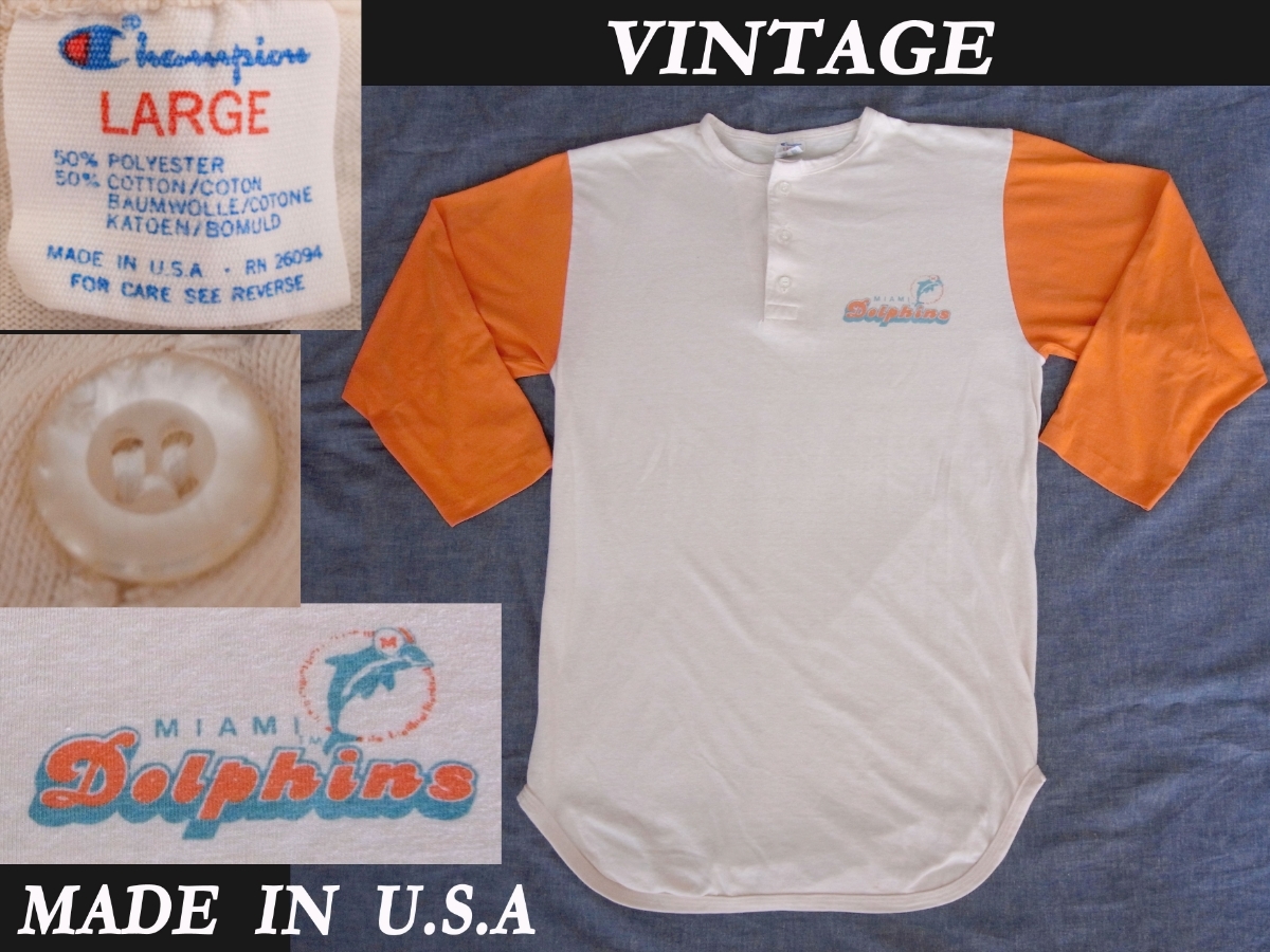ビンテージ champion マイアミ Dolphins トリコロールタグ MIAMI プリント USAアメリカ製 7分Teeシャツ VINTAGE ランタグ RRL ウエアハウス拍卖